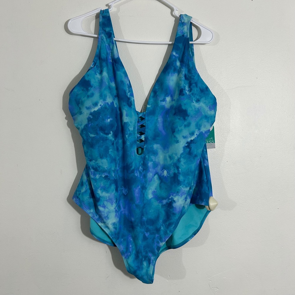 Outdoor Oasis 1X Swimsuit‎ One Piece Beach Tie Dye Aqua Blue Women's NWT